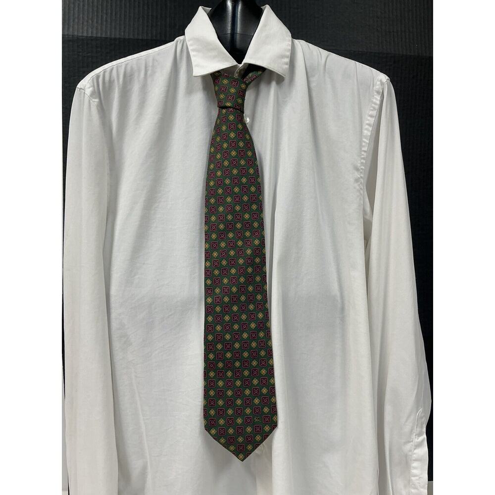 Vintage Burberrys Of London Tie Silk Green Red Gold Geometric Print